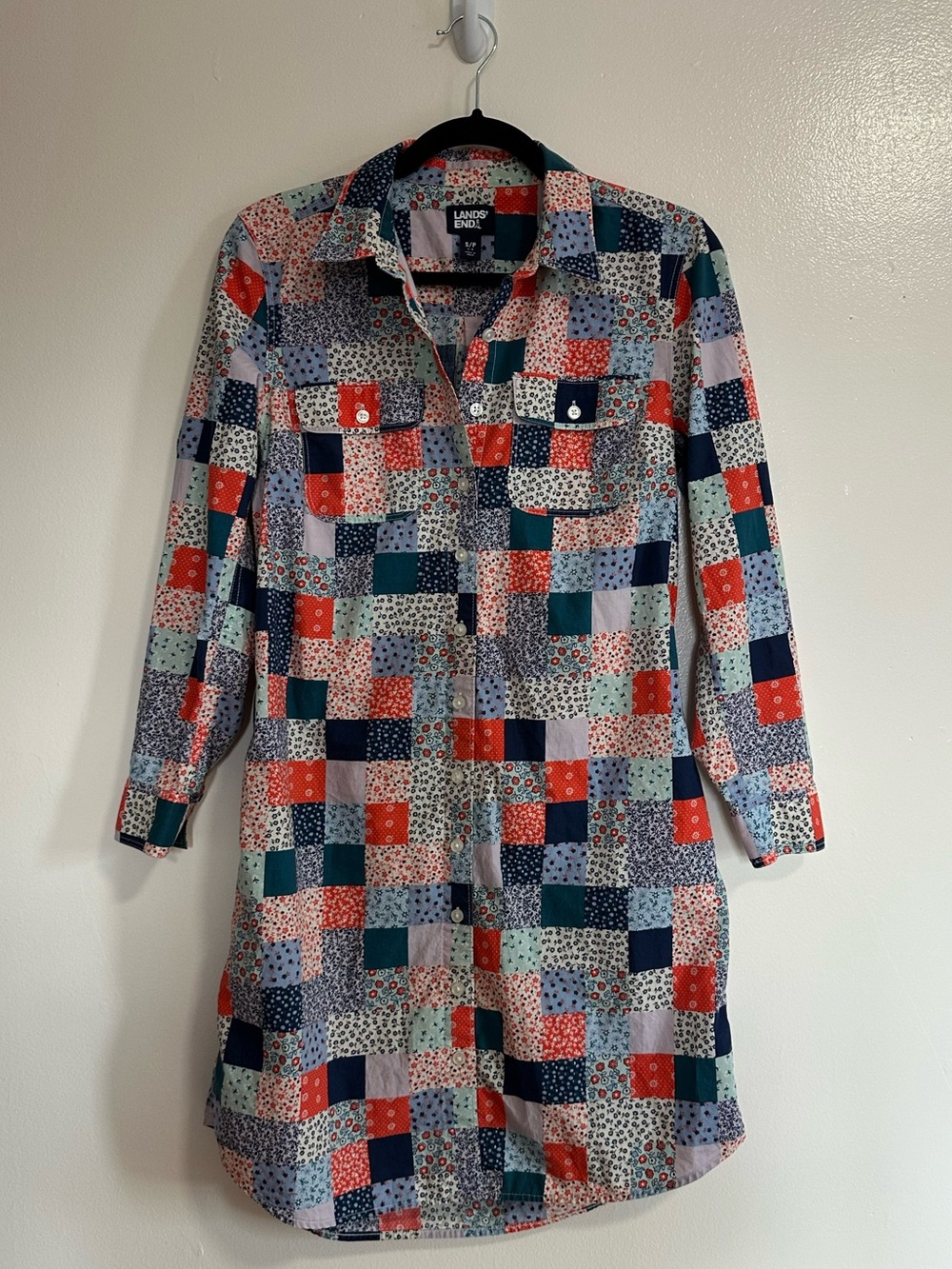 Lands' End Patchwork Button-Front Shirt Dress Blue, Orange, Green Small Petite